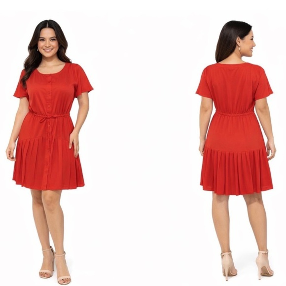 New York & Co Orange Button Front Pleated Drop Waist Dress M Preppy Chic 64-41